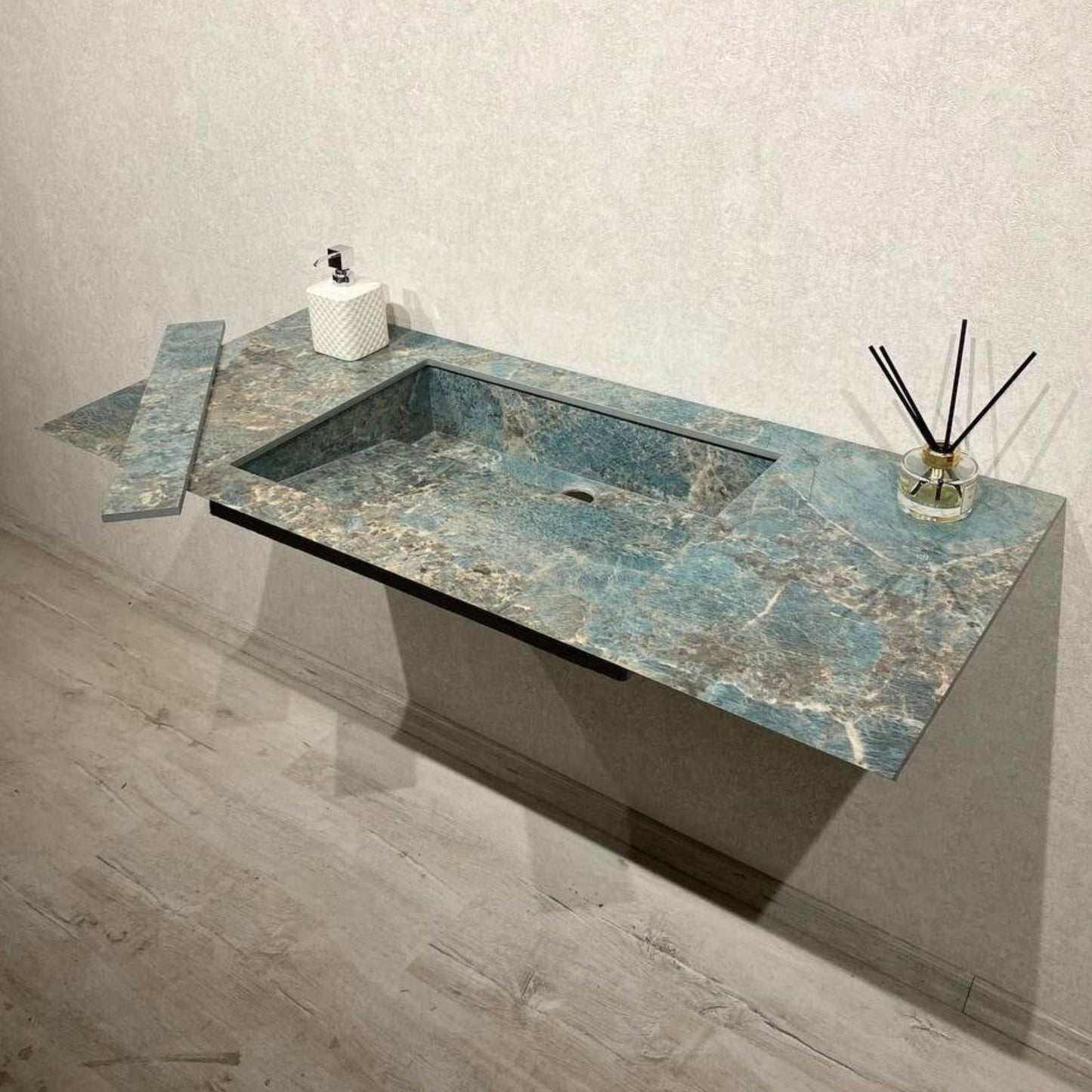 Handcrafted Porcelain Bathroom Sink, Wall Hung Sink with Counter, Santos Bathroom Sink, Modern Rustic Vanity Design, Natural Stone Look