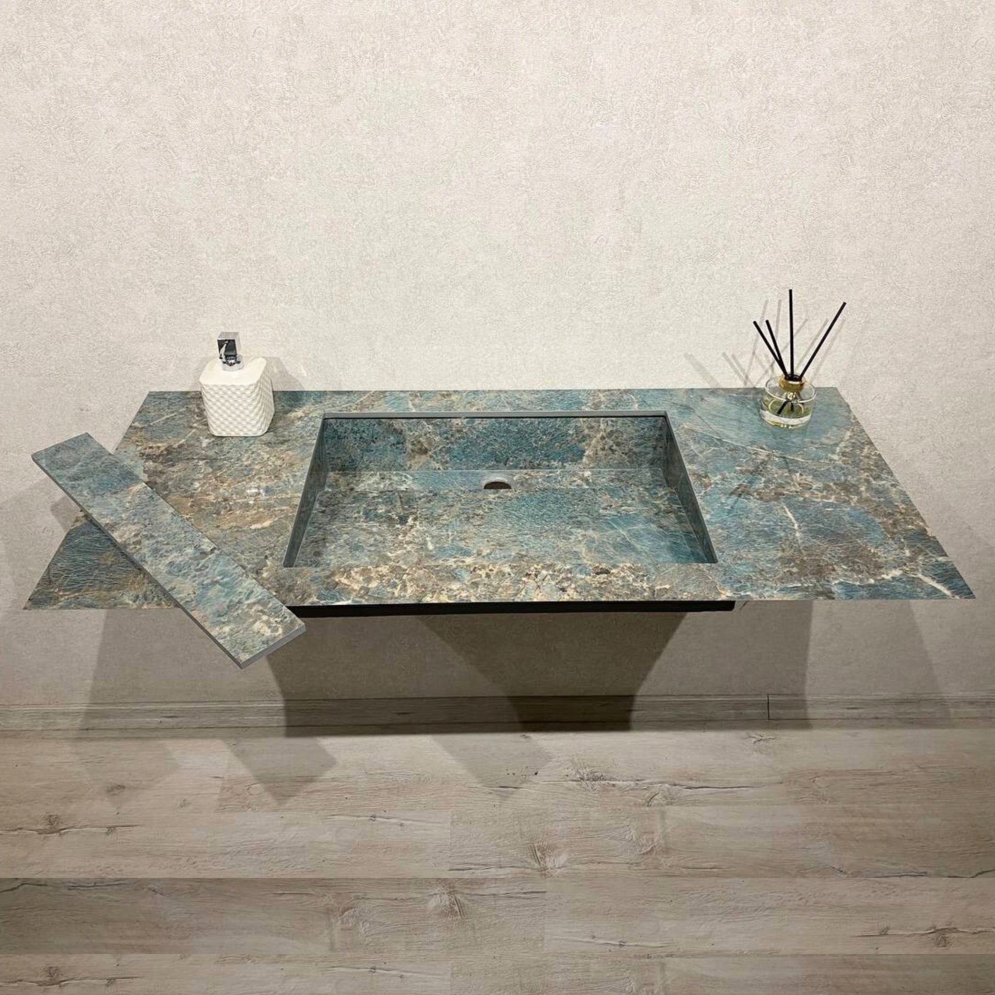 Handcrafted Porcelain Bathroom Sink, Wall Hung Sink with Counter, Santos Bathroom Sink, Modern Rustic Vanity Design, Natural Stone Look