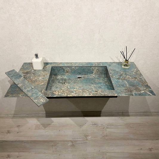 Handcrafted Porcelain Bathroom Sink, Wall Hung Sink with Counter, Santos Bathroom Sink, Modern Rustic Vanity Design, Natural Stone Look