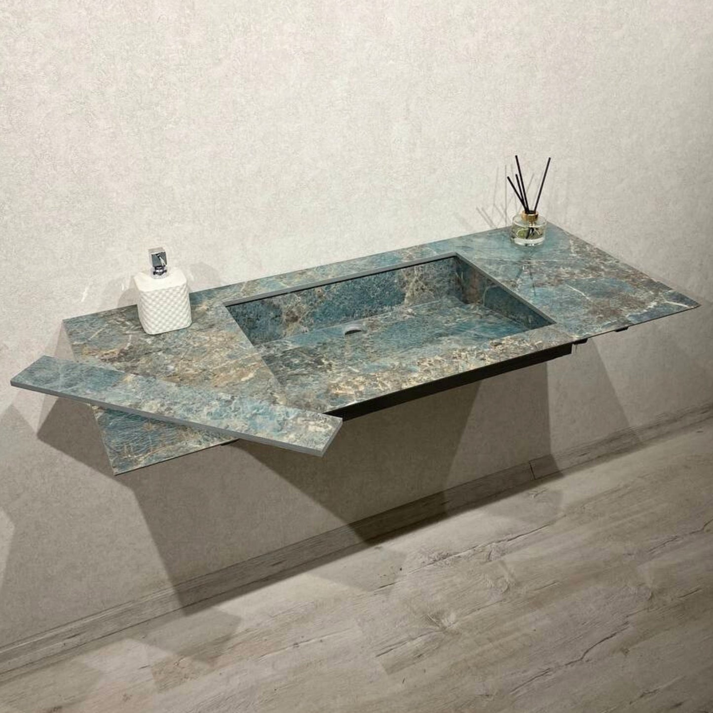 Handcrafted Porcelain Bathroom Sink, Wall Hung Sink with Counter, Santos Bathroom Sink, Modern Rustic Vanity Design, Natural Stone Look
